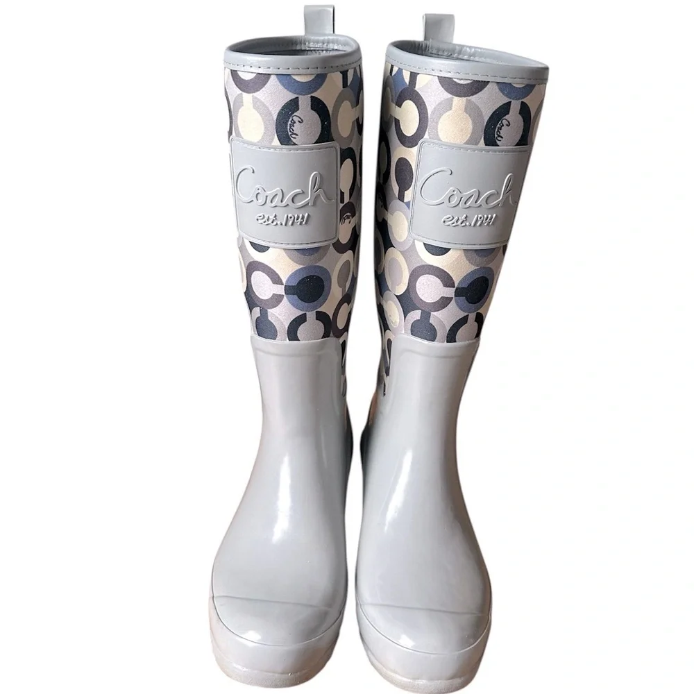 COACH Boots Women’s “Signature C” Tall Rain Boot Gray Blue Cream Pearl Size 7B